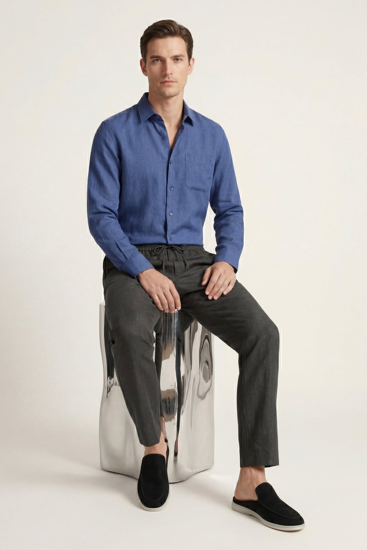 Pisa | Conjunto de Lino de Manga Larga — Azul/Negro