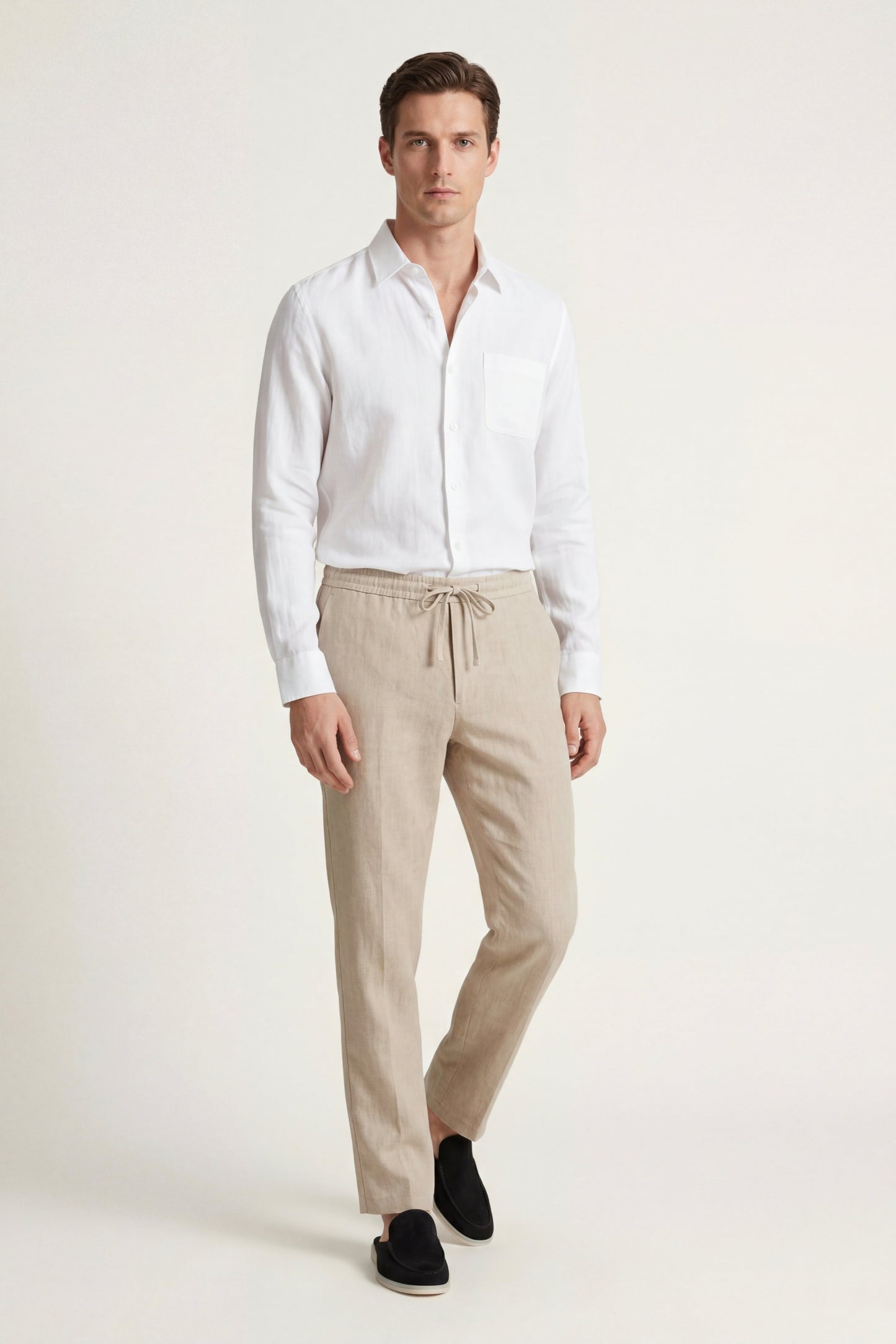 Pisa | Conjunto de Lino de Manga Larga — Blanco/Beige