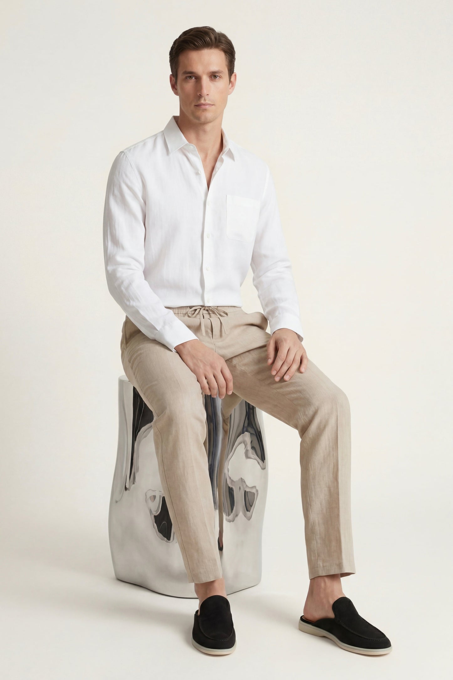 Pisa | Conjunto de Lino de Manga Larga — Blanco/Beige