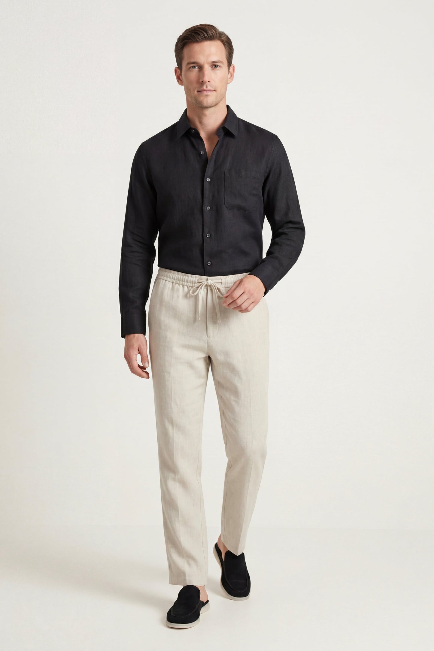 Pisa | Conjunto de Lino de Manga Larga — Negro/Beige