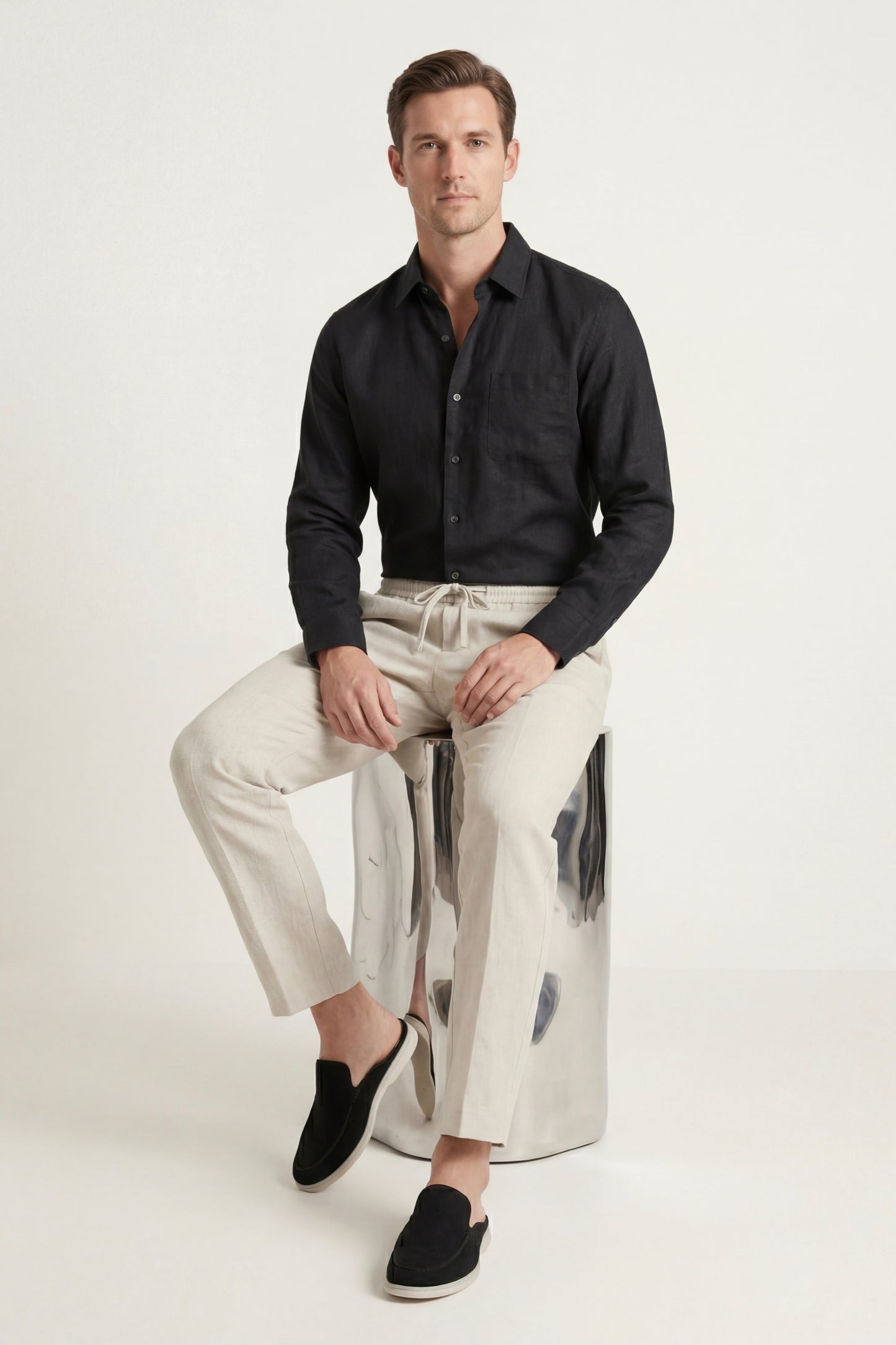 Pisa | Conjunto de Lino de Manga Larga — Negro/Beige
