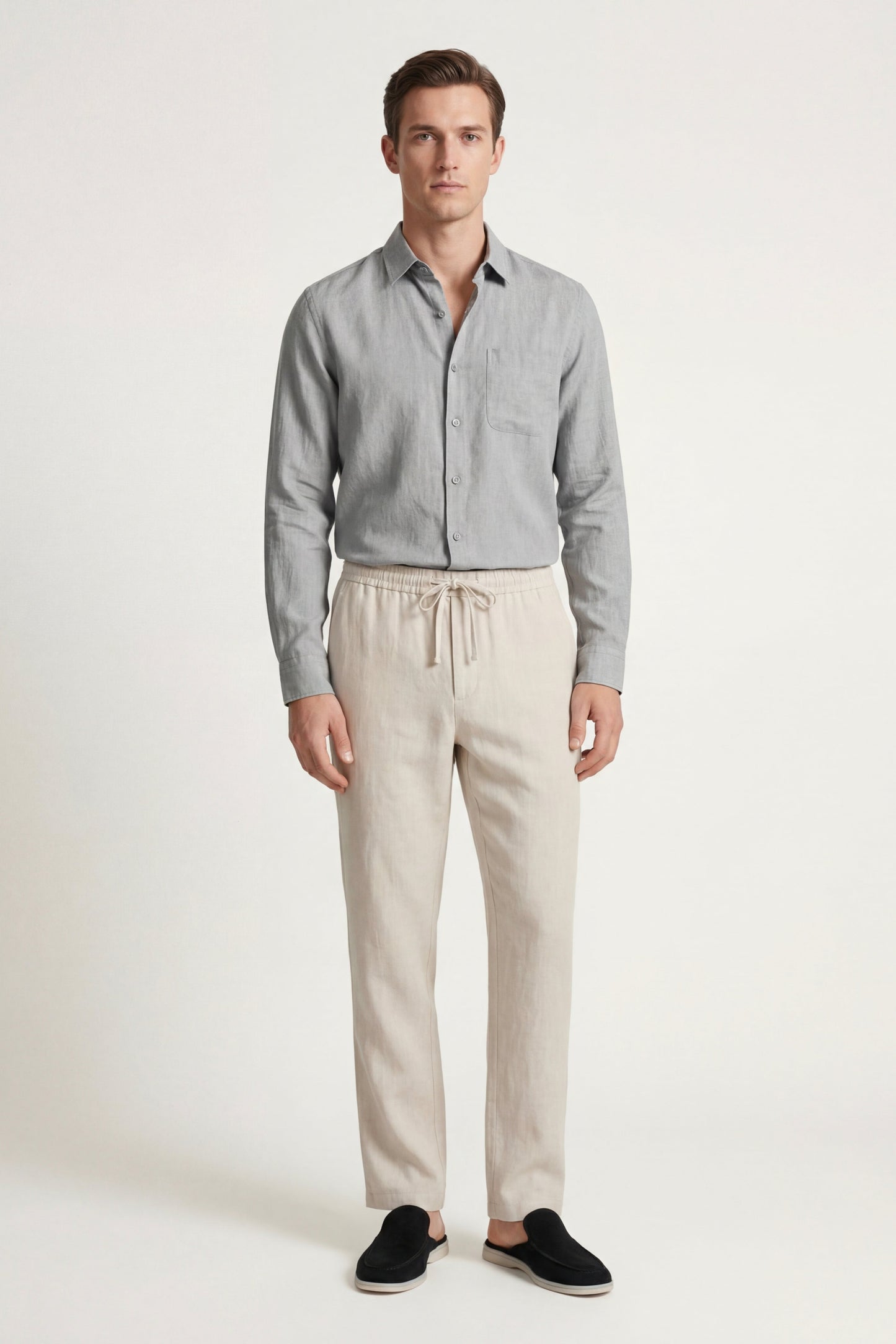 Pisa | Conjunto de Lino de Manga Larga — Gris/Beige