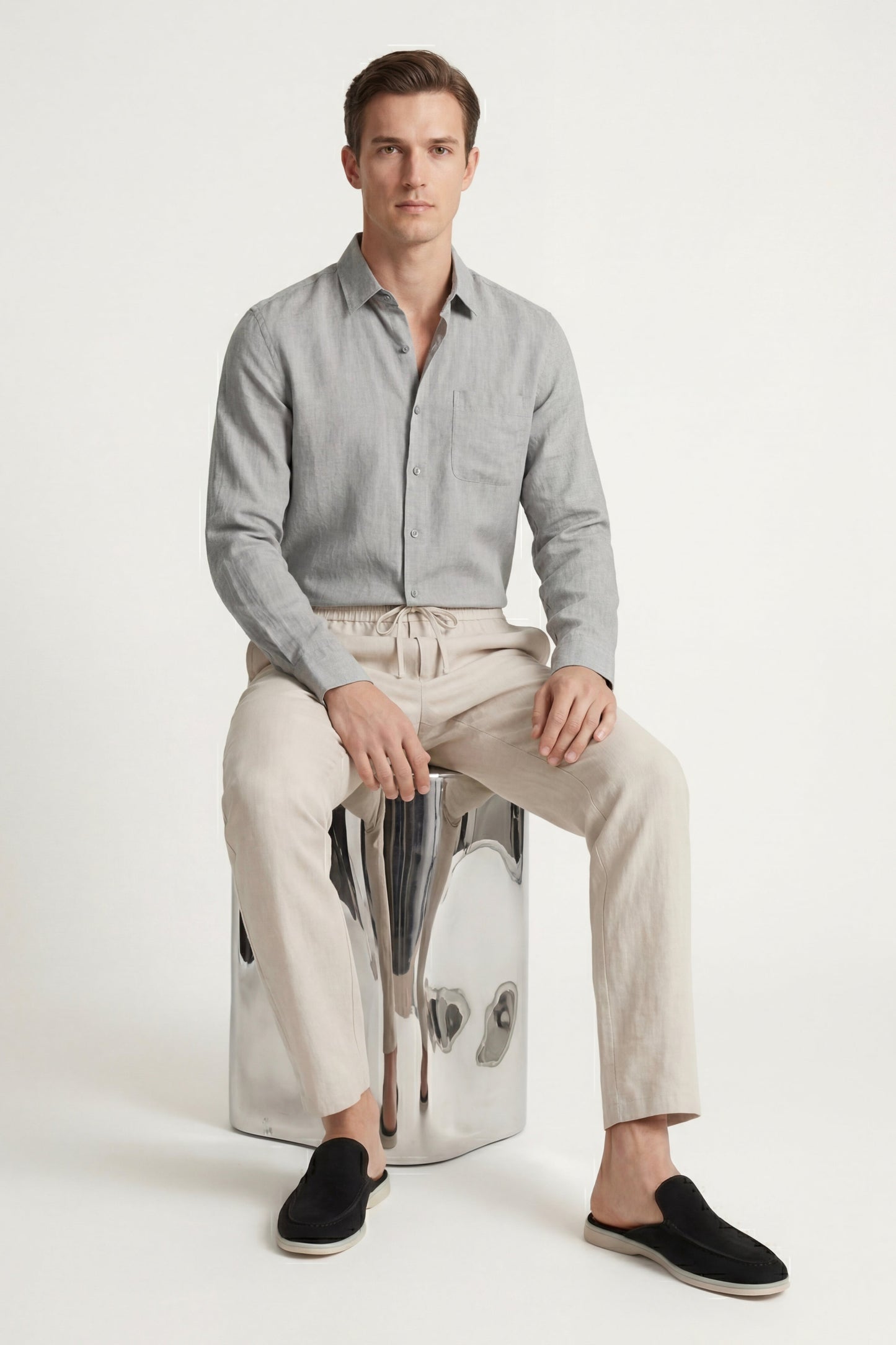 Pisa | Conjunto de Lino de Manga Larga — Gris/Beige