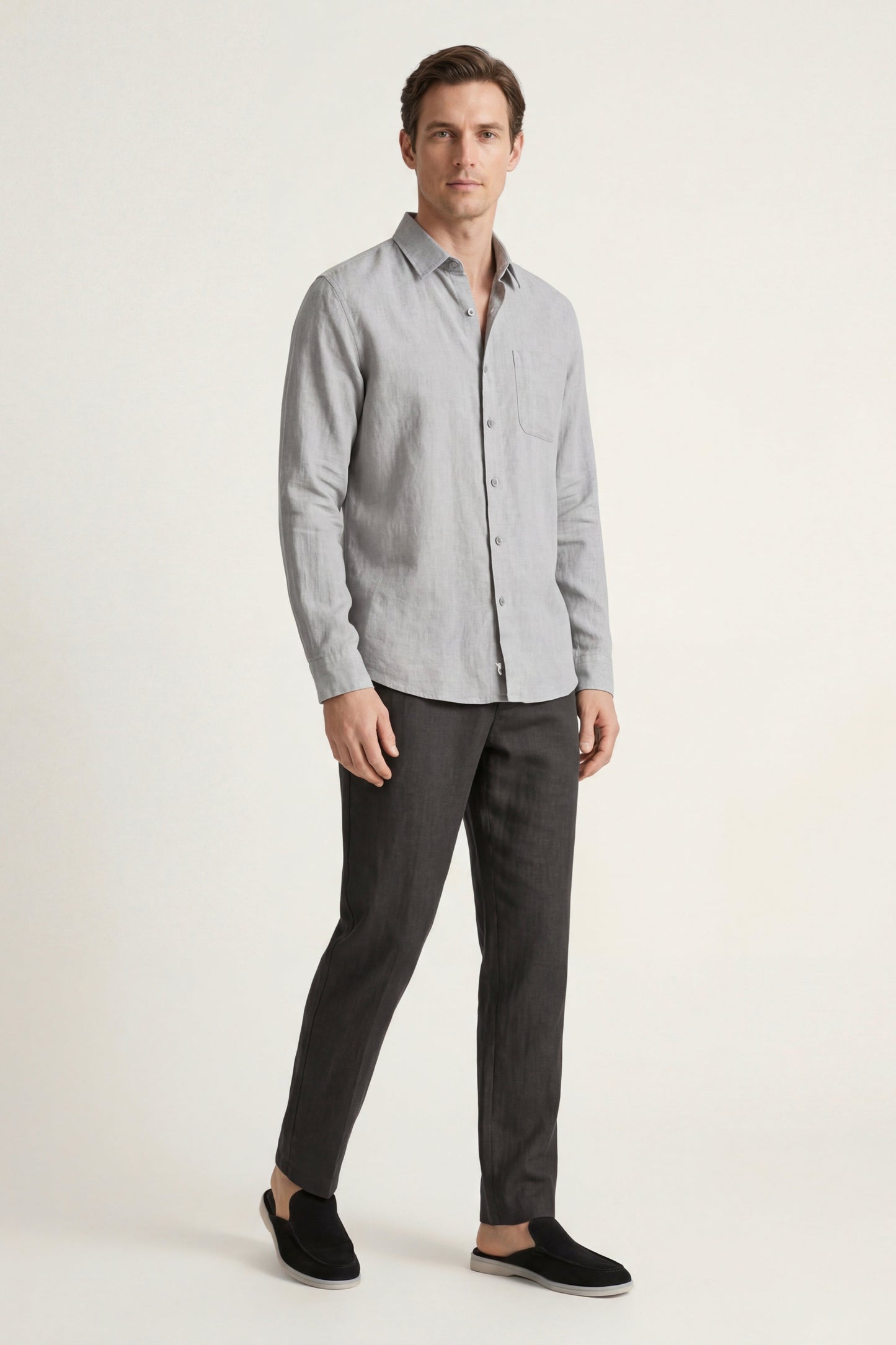 Pisa | Conjunto de Lino de Manga Larga — Gris/Negro