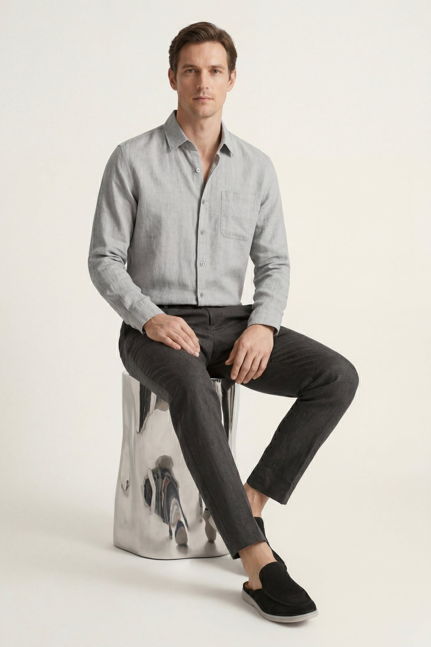 Pisa | Conjunto de Lino de Manga Larga — Gris/Negro