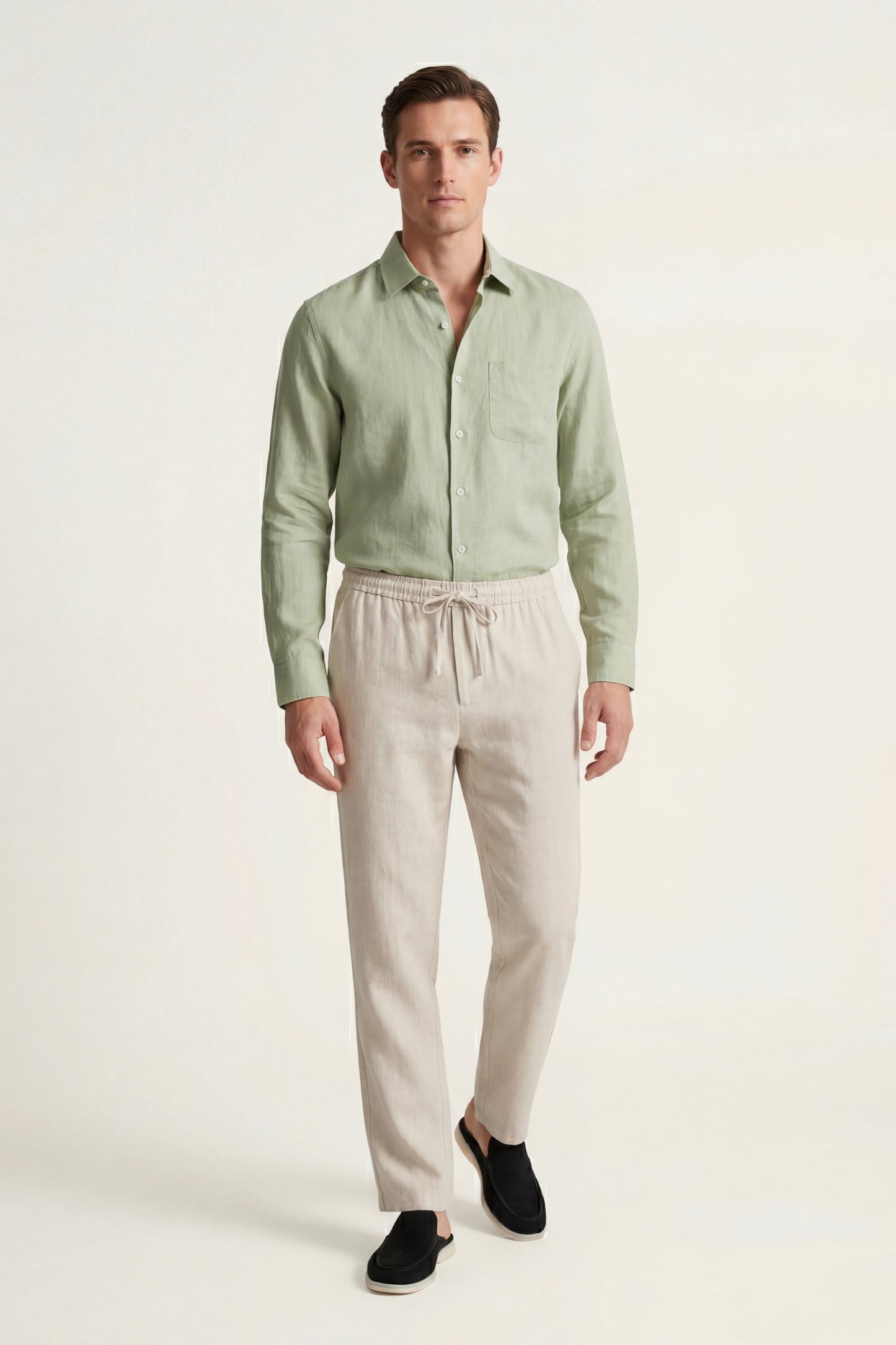 Pisa | Conjunto de Lino de Manga Larga — Verde menta/Beige