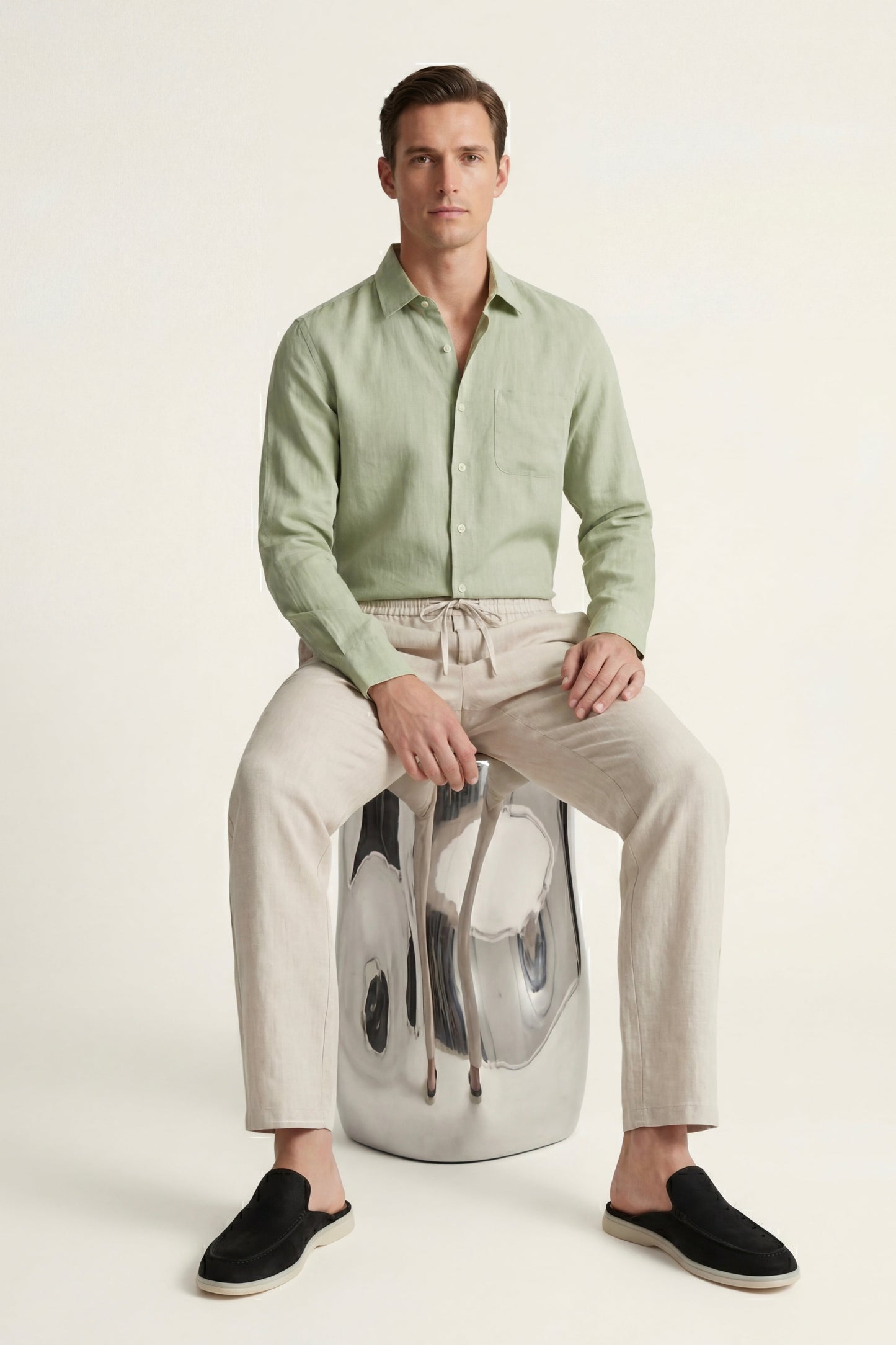 Pisa | Conjunto de Lino de Manga Larga — Verde menta/Beige