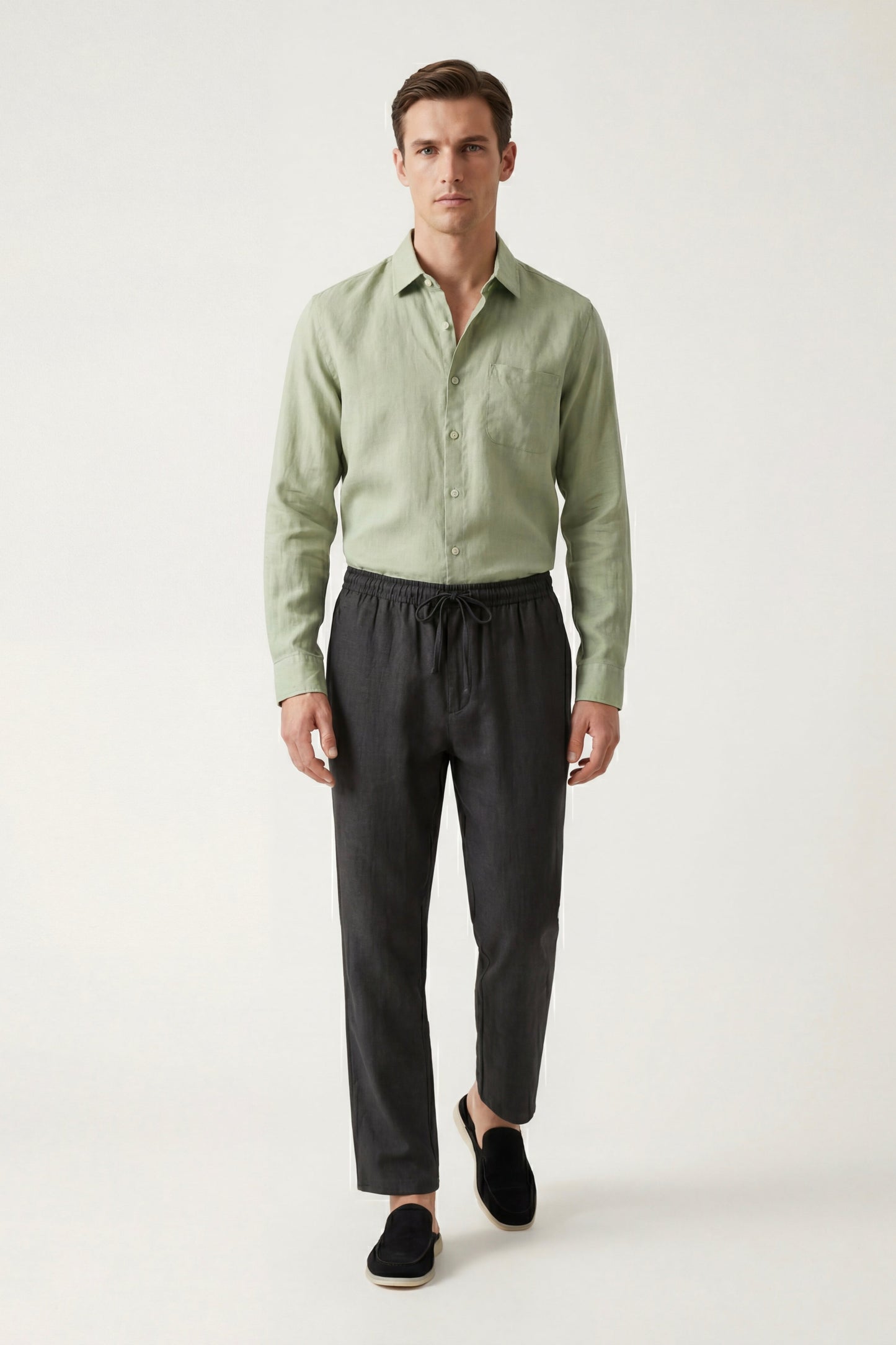 Pisa | Conjunto de Lino de Manga Larga — Verde menta/Negro