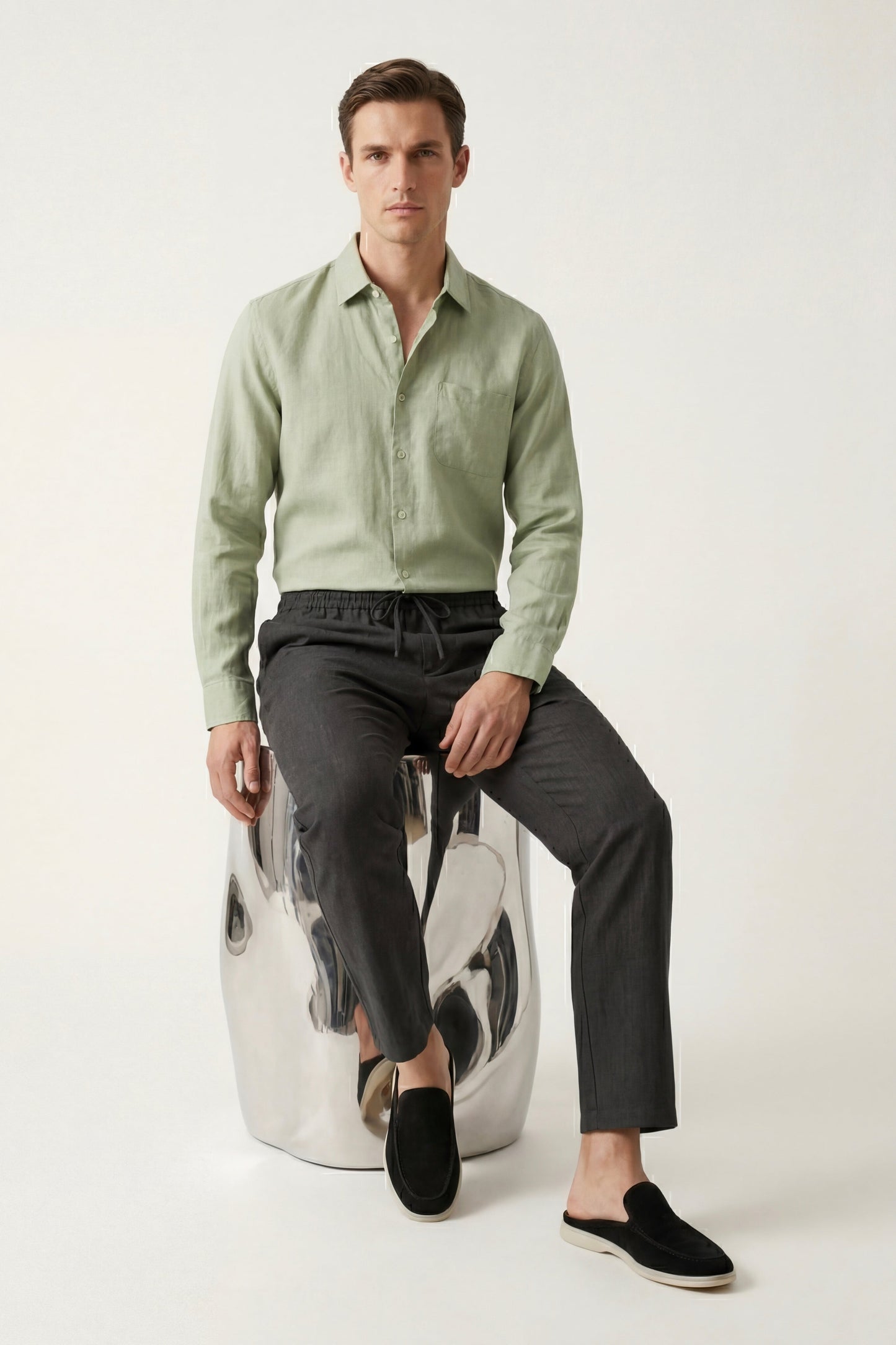 Pisa | Conjunto de Lino de Manga Larga — Verde menta/Negro
