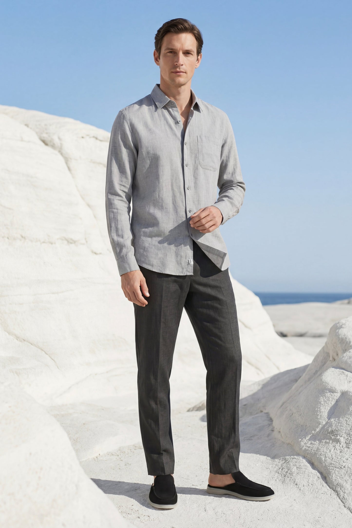 Pisa | Conjunto de Lino de Manga Larga — Gris/Negro