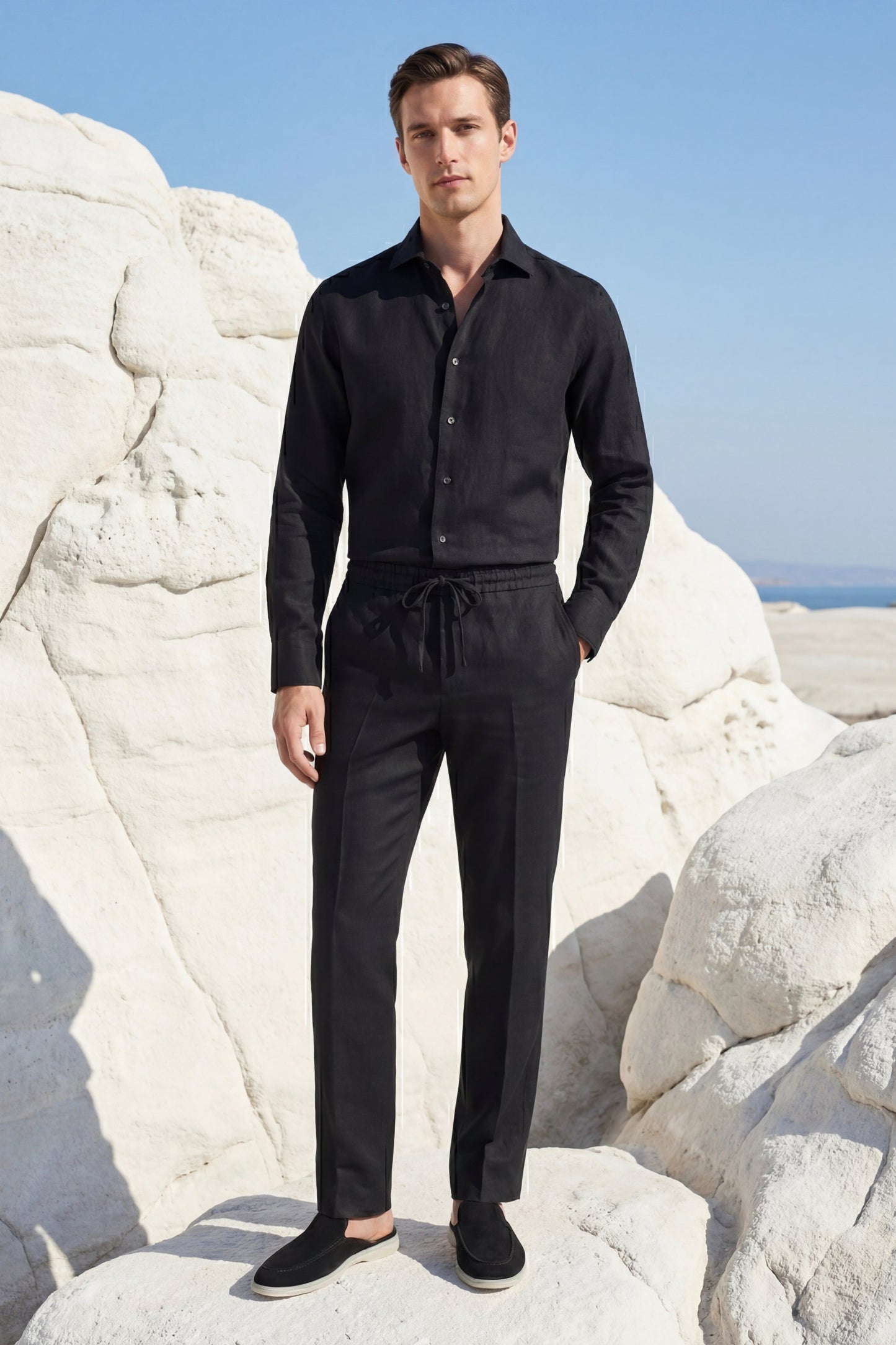 Pisa | Conjunto de Lino de Manga Larga — Negro/Negro