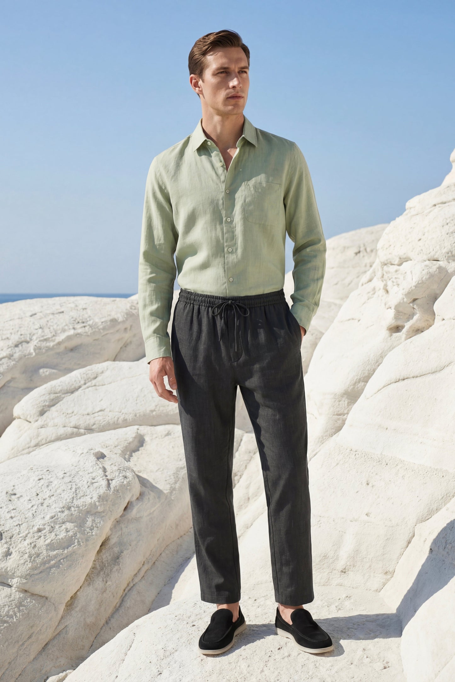 Pisa | Conjunto de Lino de Manga Larga — Verde menta/Negro