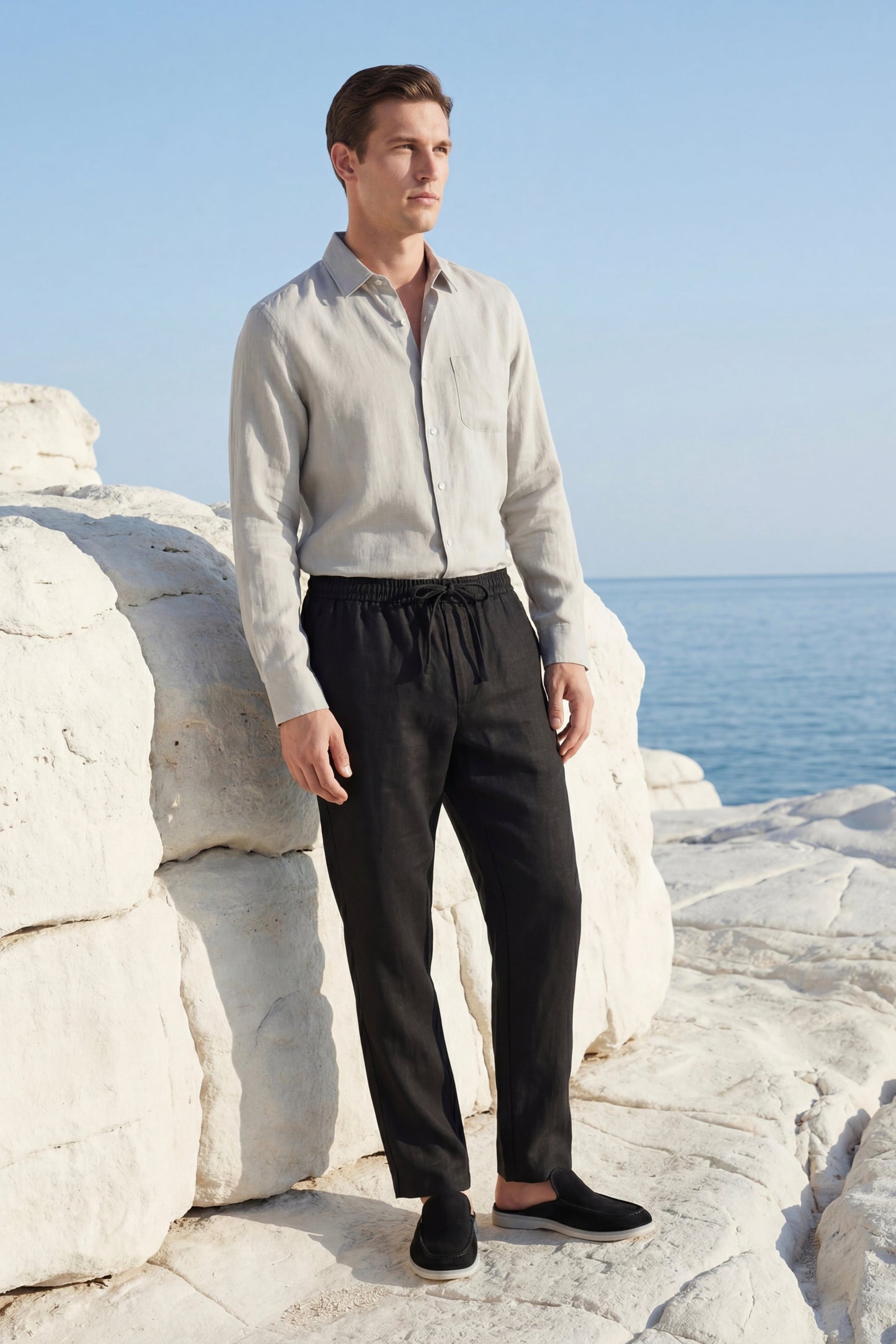 Pisa | Conjunto de Lino de Manga Larga — Beige/Negro