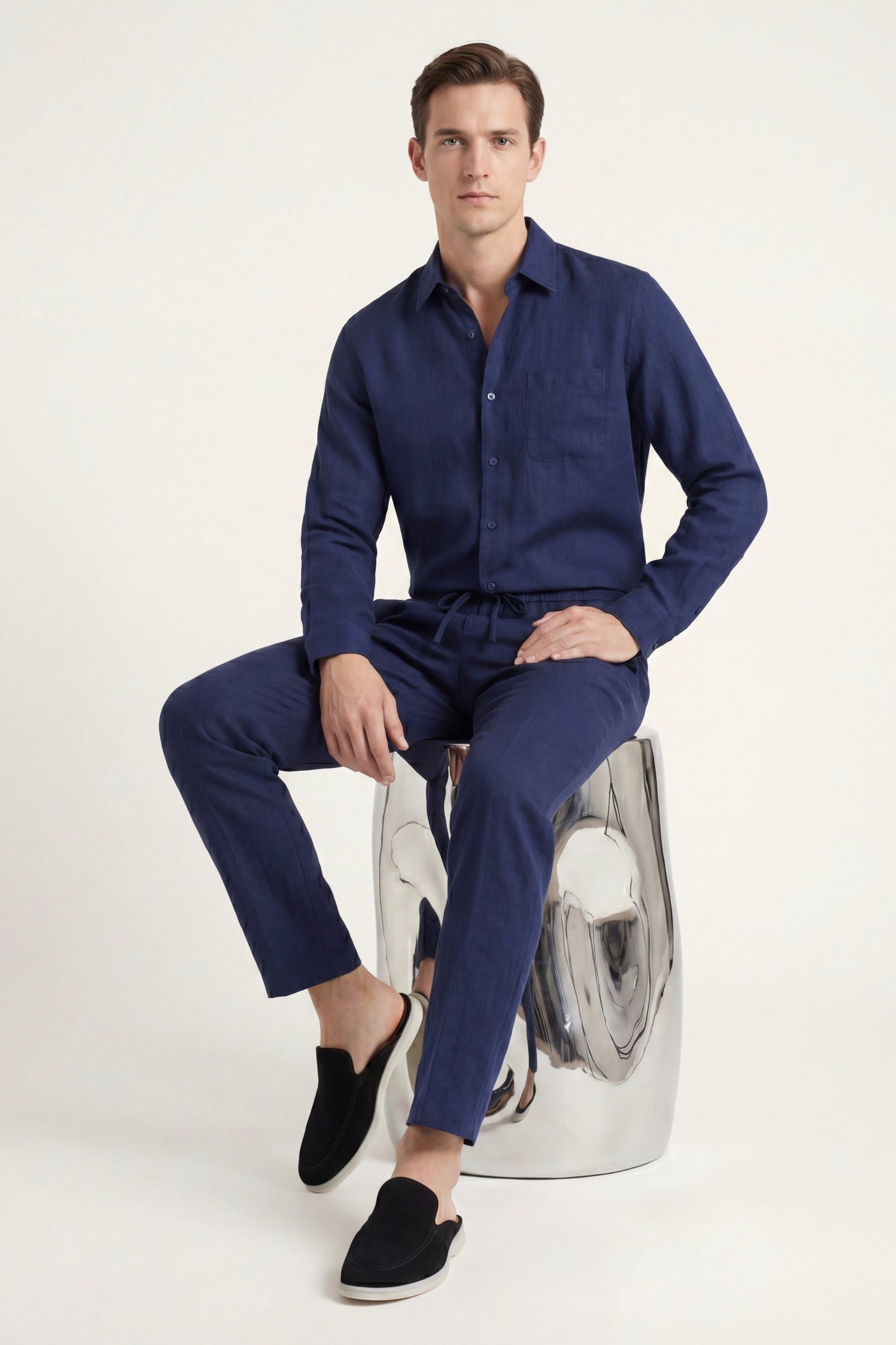 Bellagio | Conjunto de Lino de Manga Larga — Azul marino