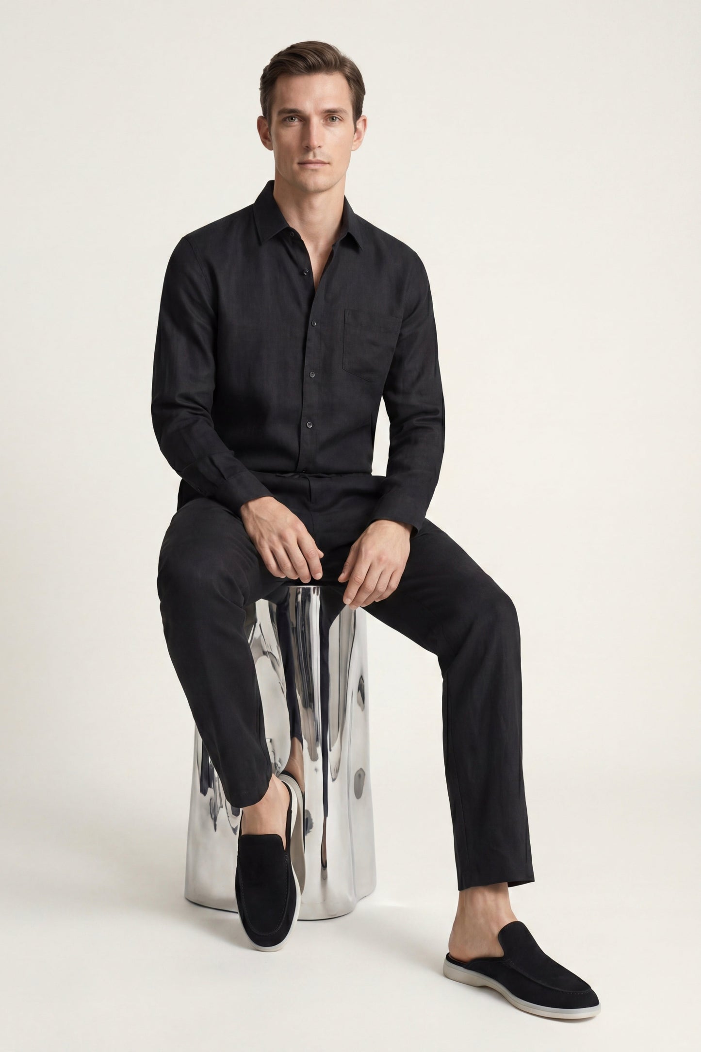Bellagio | Conjunto de Lino de Manga Larga — Negro