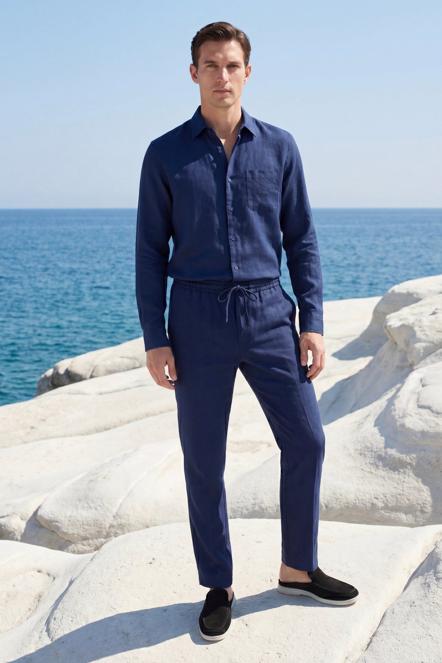Bellagio | Conjunto de Lino de Manga Larga — Azul marino