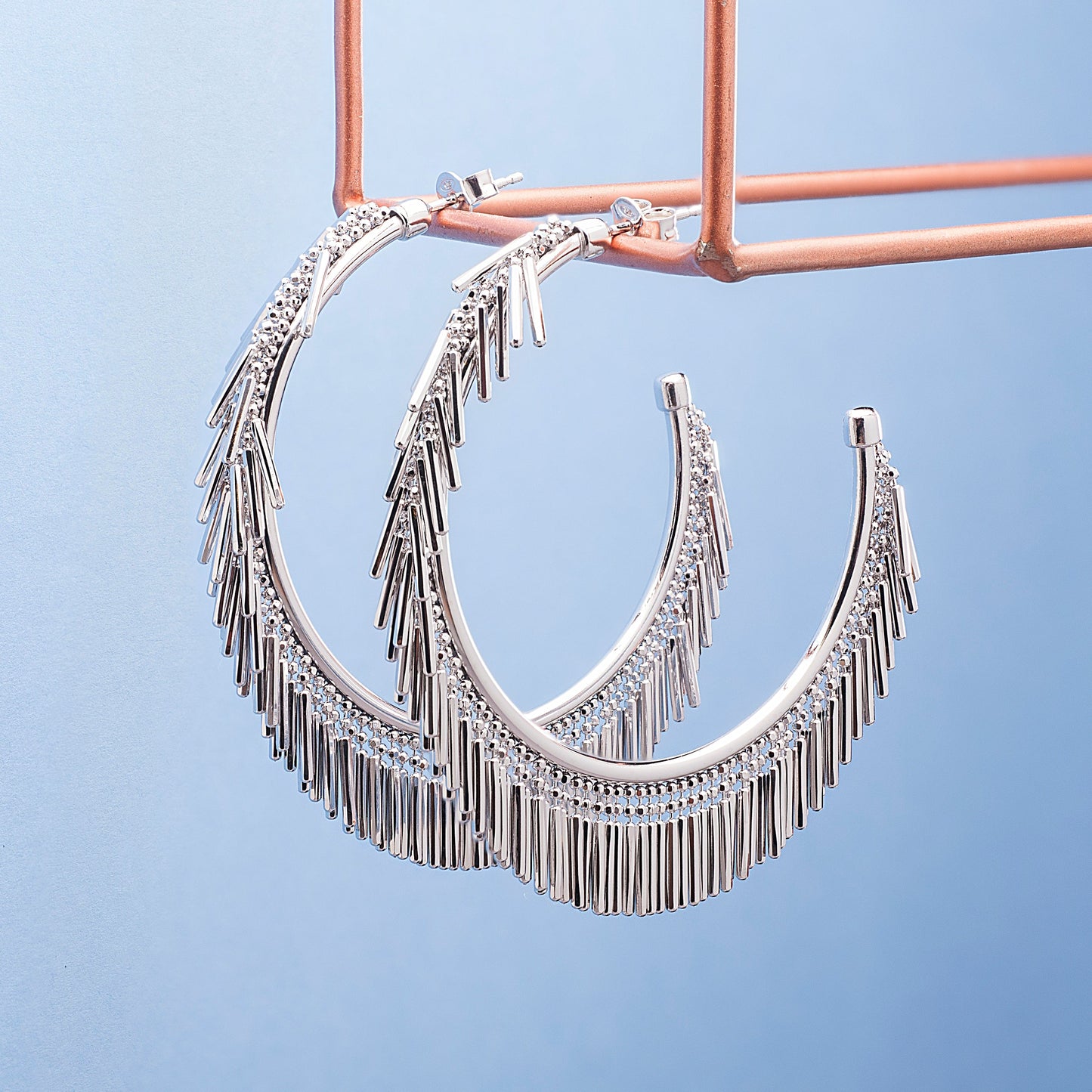 LARGE SILVER TASSEL HOOP EARRINGS