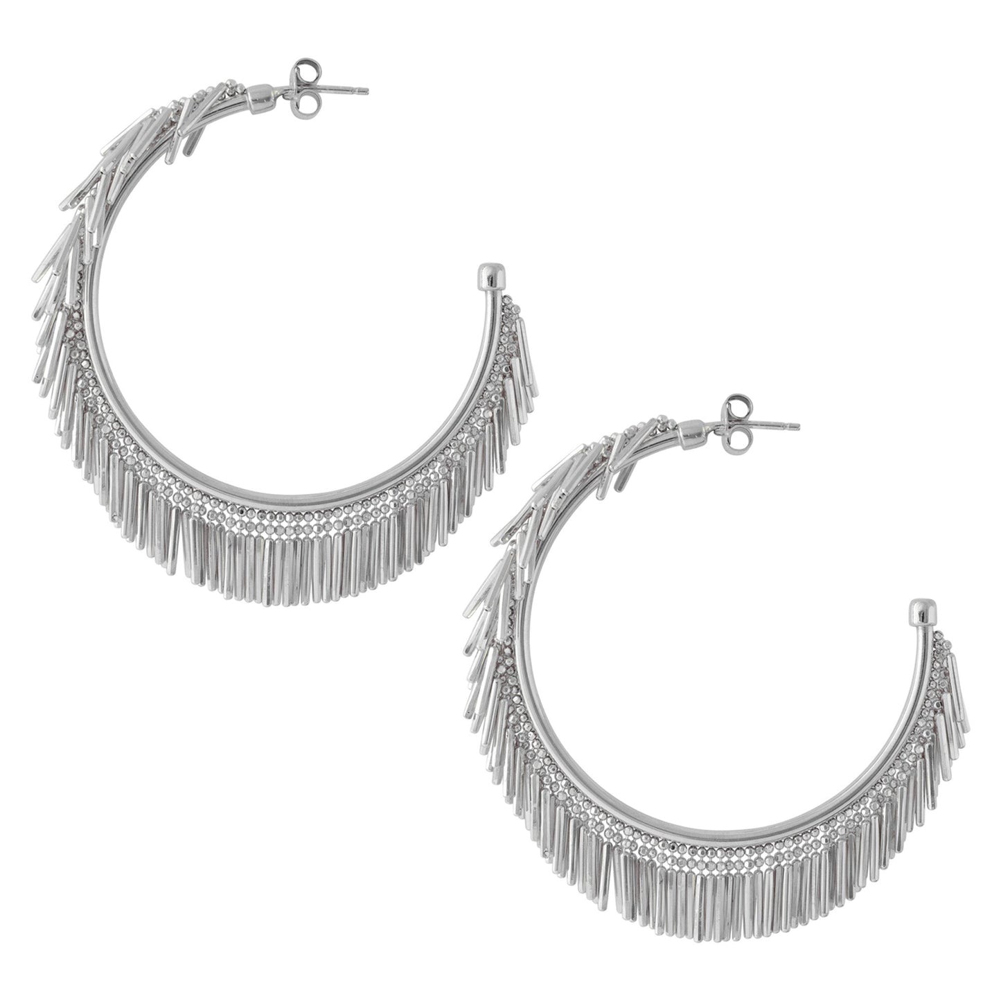 LARGE SILVER TASSEL HOOP EARRINGS