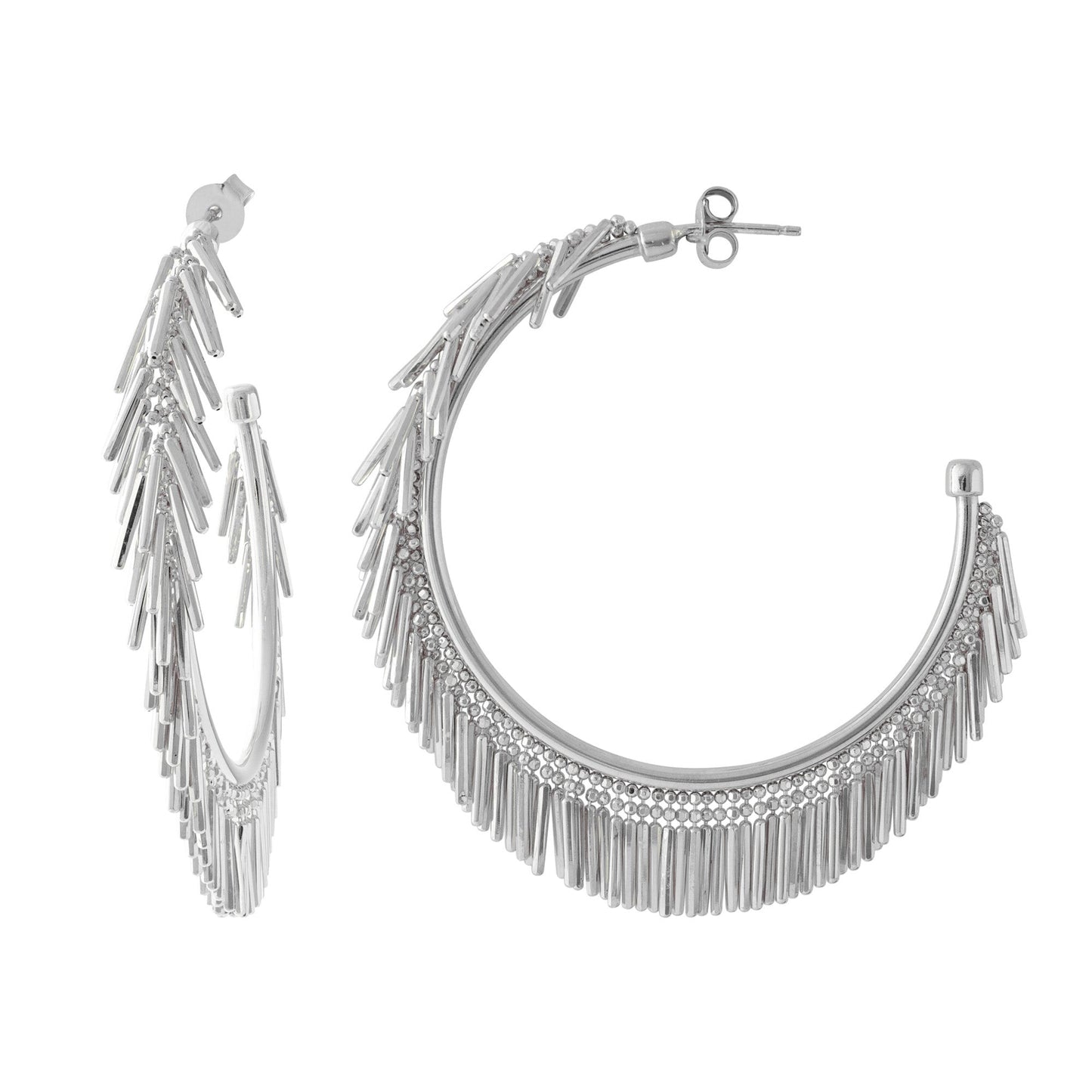 LARGE SILVER TASSEL HOOP EARRINGS