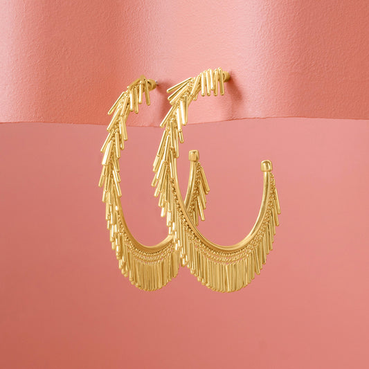 LARGE GOLD TASSEL HOOP EARRINGS