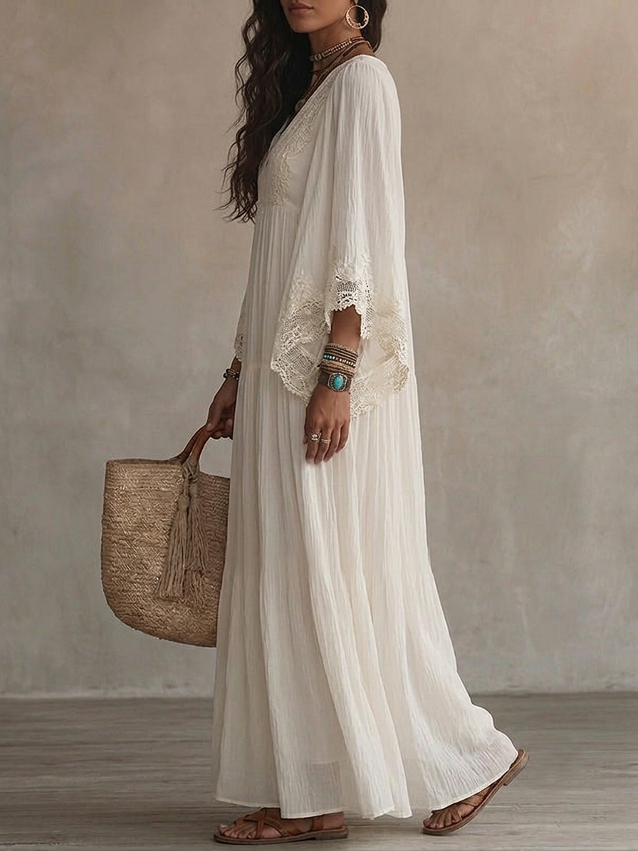 Indara • Vestido largo de blanco con escote en V