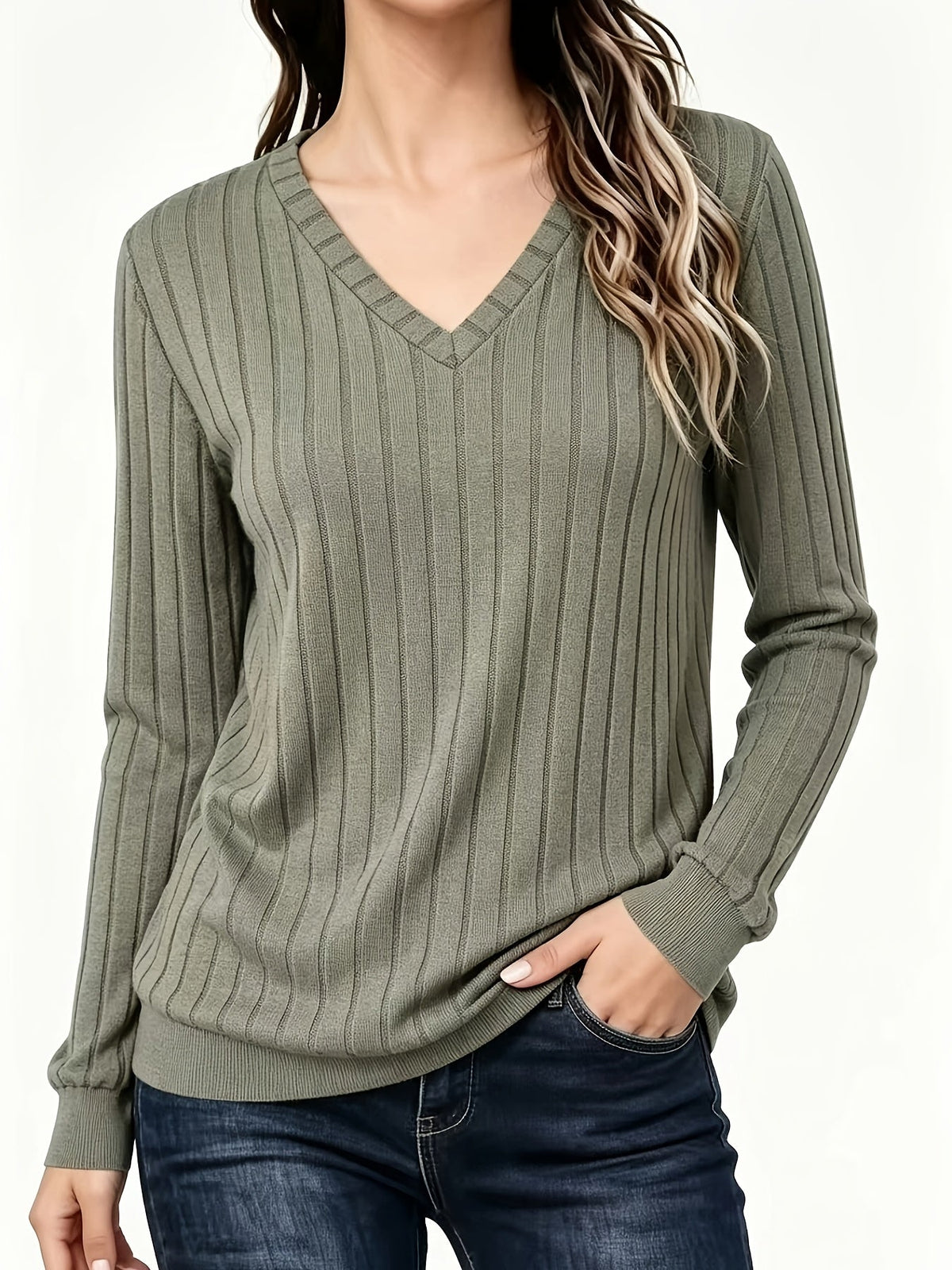 Jersey de canalé cepillado con cuello en V