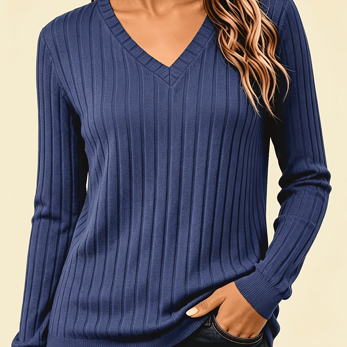 Jersey de canalé cepillado con cuello en V
