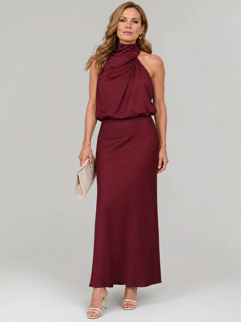 Vestido Largo Satinado de Espalda Descubierta y Drapeado