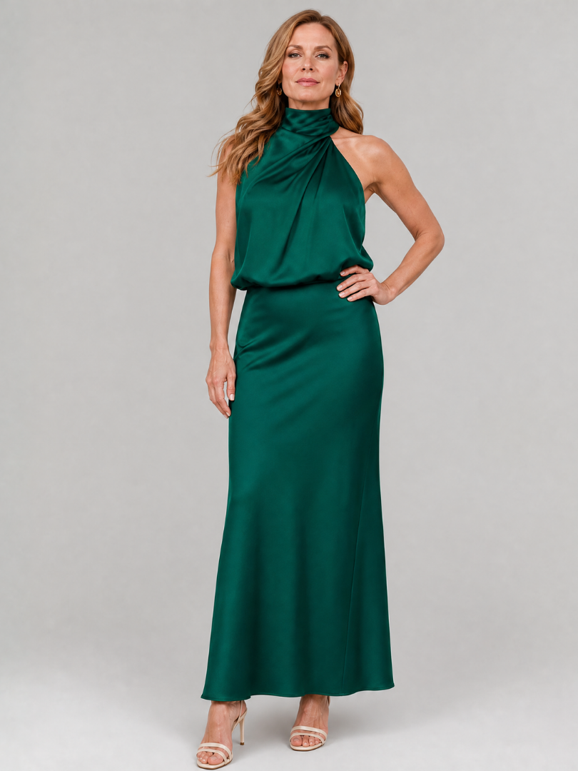 Vestido Largo Satinado de Espalda Descubierta y Drapeado