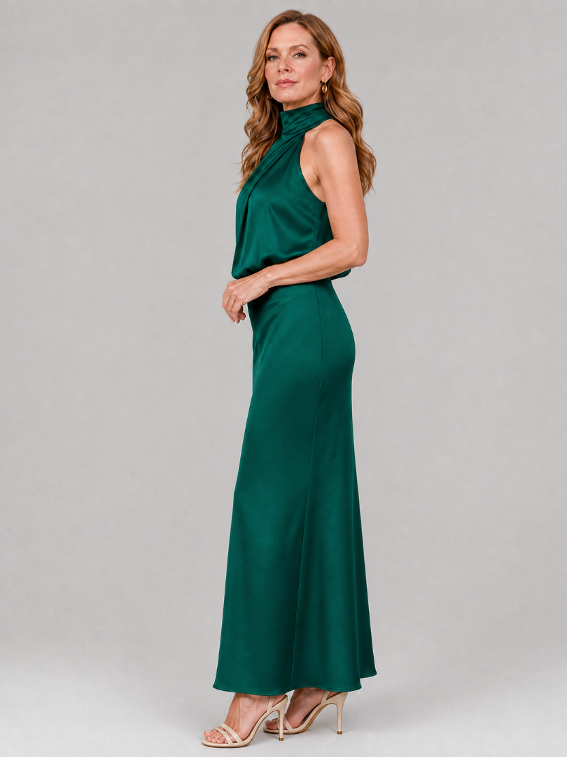 Vestido Largo Satinado de Espalda Descubierta y Drapeado