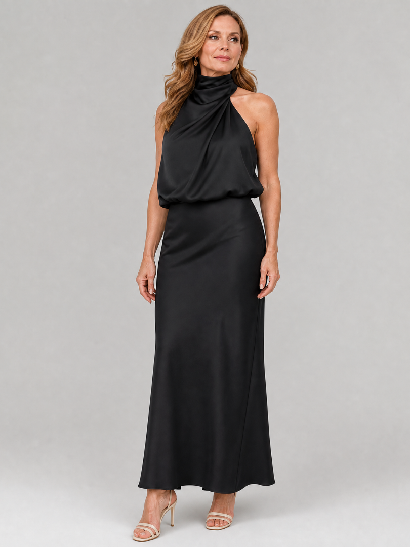 Vestido Largo Satinado de Espalda Descubierta y Drapeado