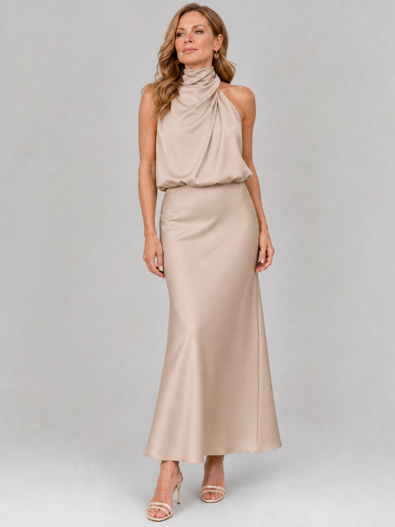 Vestido Largo Satinado de Espalda Descubierta y Drapeado
