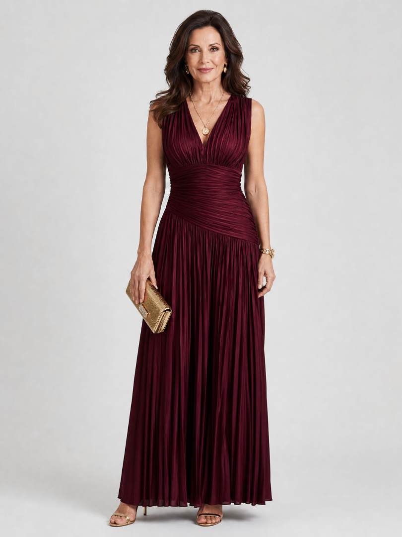 Vestido Largo Plisado con Cuello en V