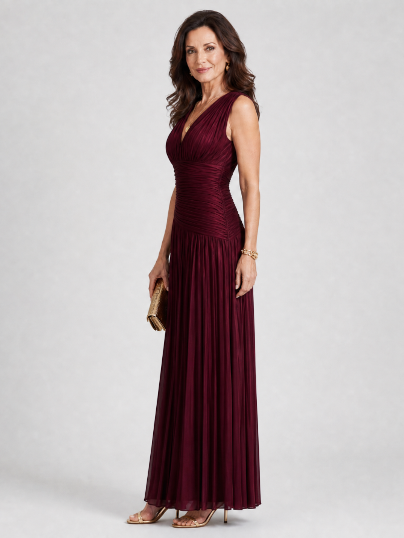 Vestido Largo Plisado con Cuello en V