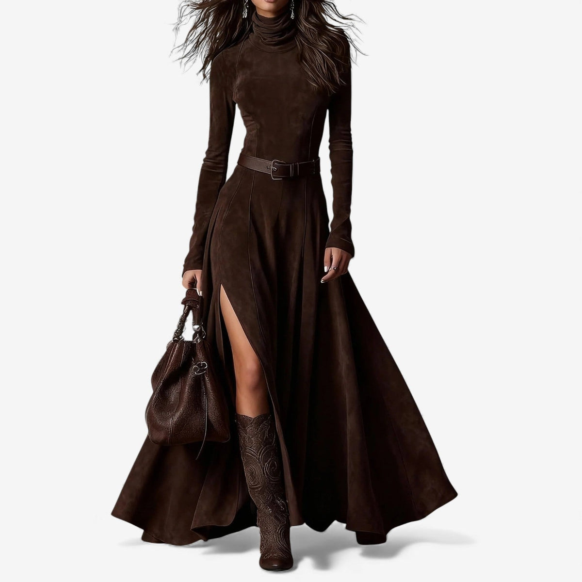 Vestido Largo de Ante Sintético con Cuello Alto y Abertura