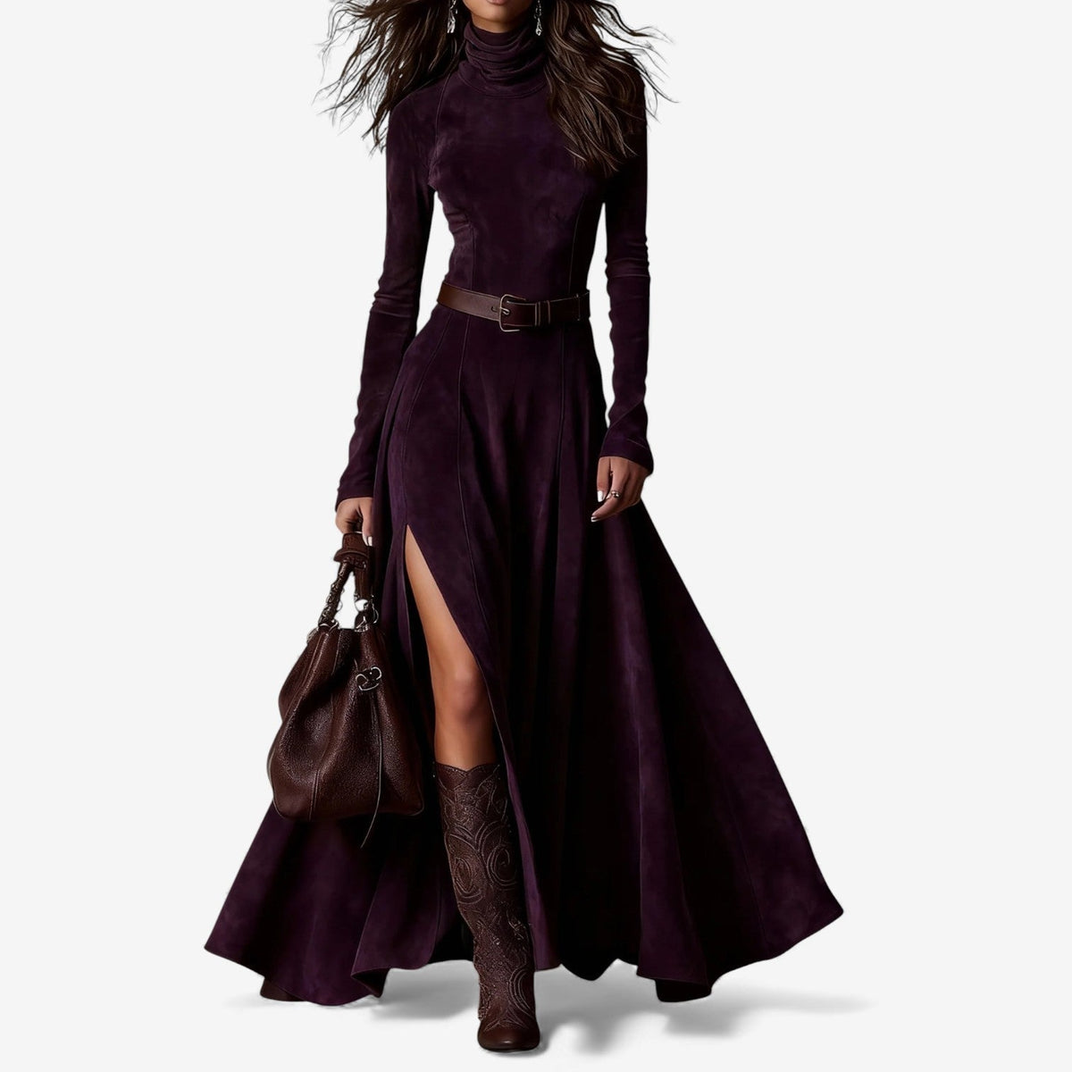 Vestido Largo de Ante Sintético con Cuello Alto y Abertura