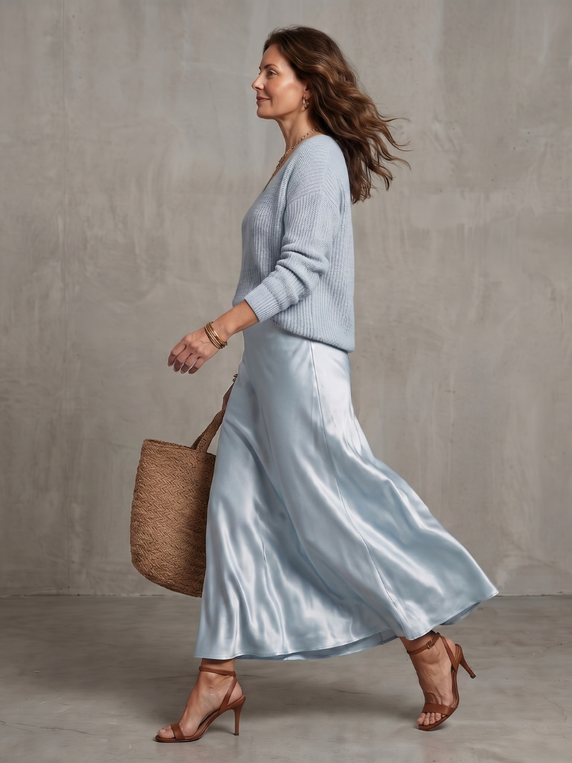 Conjunto de Jersey de Punto y Falda de Satén