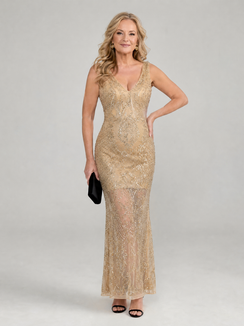 Vestido Largo de Encaje Bordado con Perlas