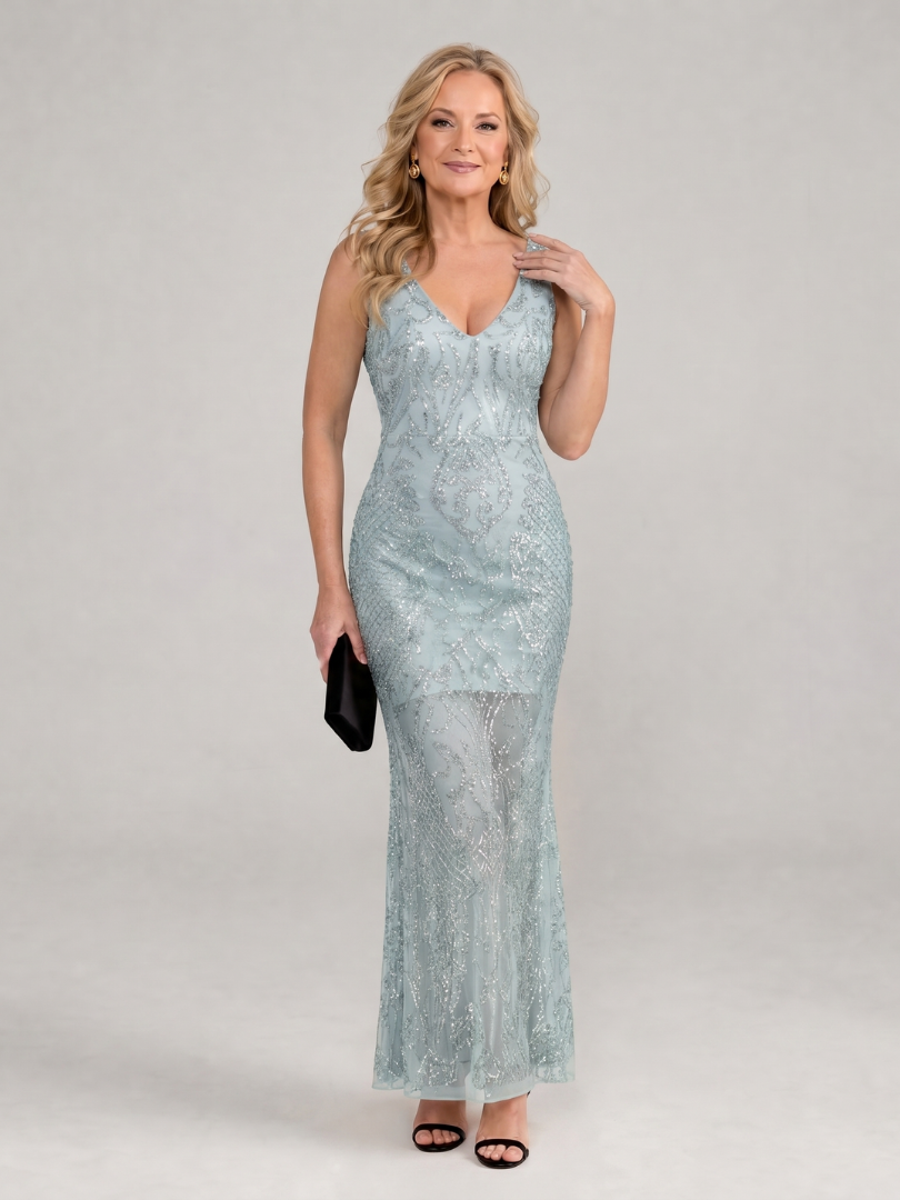 Vestido Largo de Encaje Bordado con Perlas