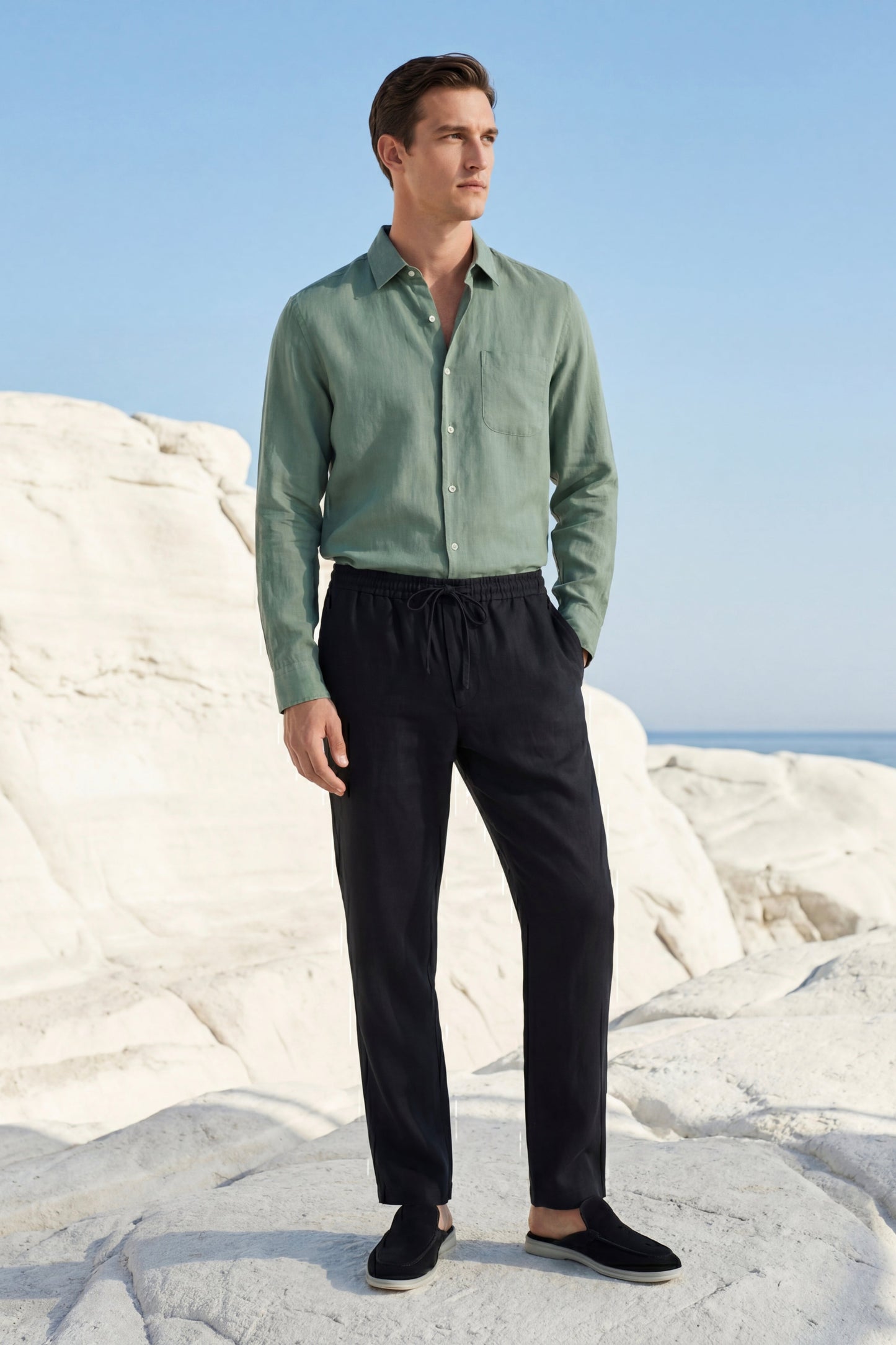 Pisa | Conjunto de Lino de Manga Larga — Verde/Negro
